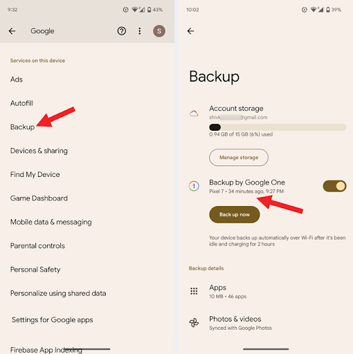 Two screenshots of Google settings. On the left you see the Google services display with Backup pointed out. On the right you see the Backup screen with Backup by Google One pointed out with the time pointed out of the last backup.