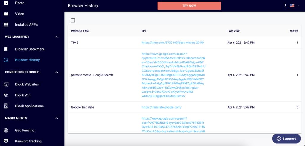 Eyezy's web browser history monitoring 