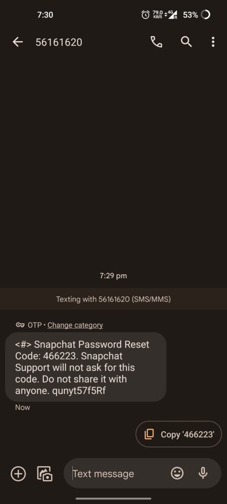 Code to reset Snapchat password 