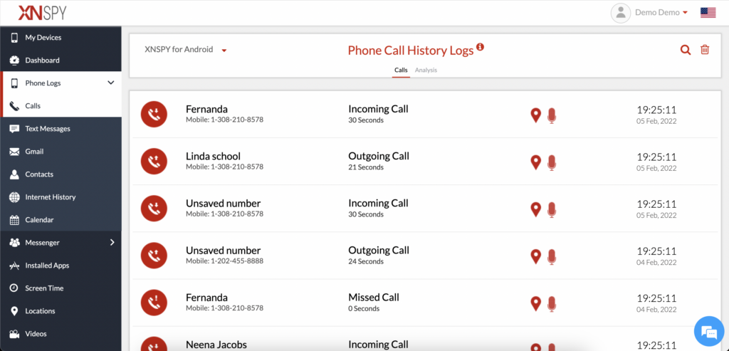 Monitoring the target's call logs with XNSPY 