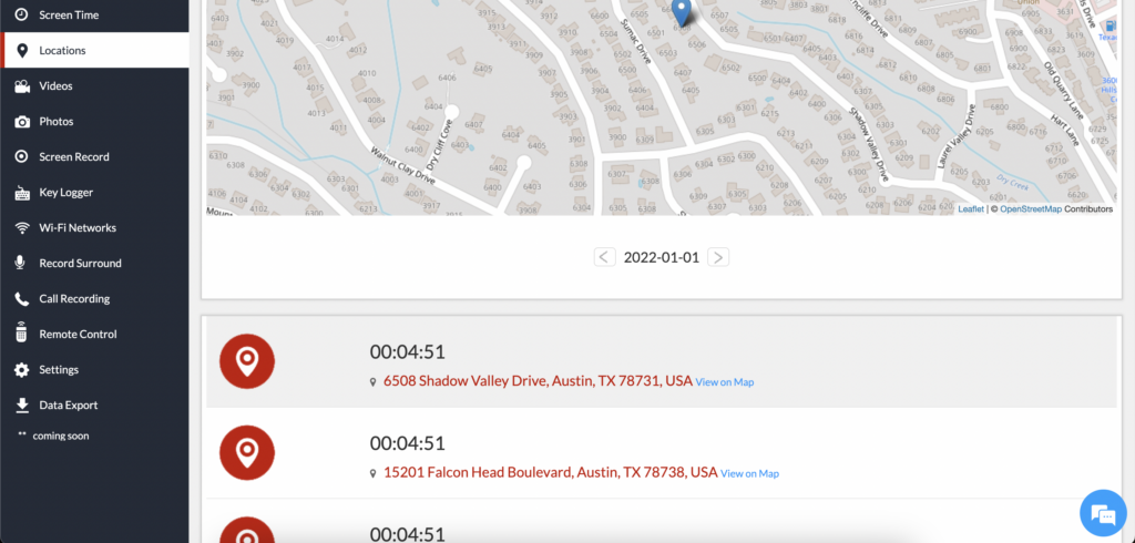 Interface of the XNSPY tracking app 
