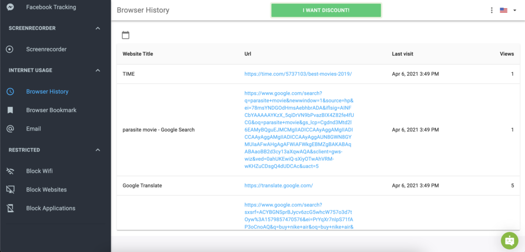 Monitoring the target's browsing history via mSpy